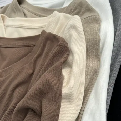 慕斯磨毛软绵绵短款上衣简约气质v领长袖t恤女春秋修身显瘦打底衫商品大图