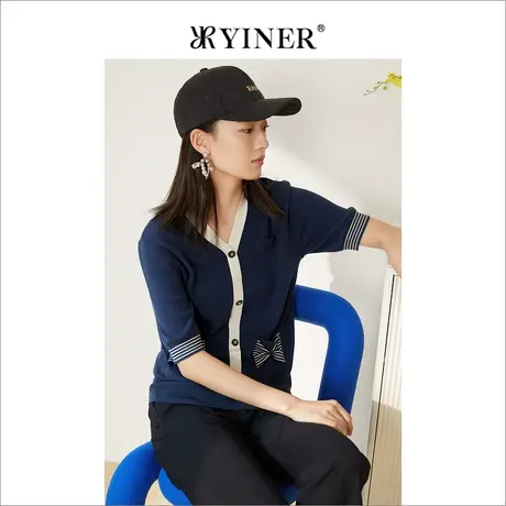 YINER音儿女装2022夏季蝴蝶结撞色蚕丝针织开衫外套商品大图