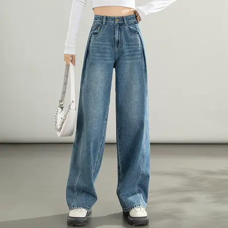 高腰阔腿牛仔裤女2025新款春秋阔脚女裤宽松直筒裤宽腿长裤烟筒裤商品大图