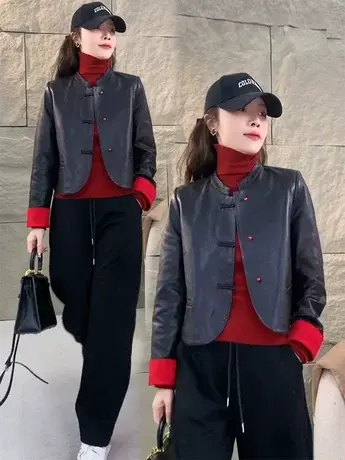 欧货盘扣国风新中式短款皮衣外套女2024早春新款洋气修身夹克上衣商品大图