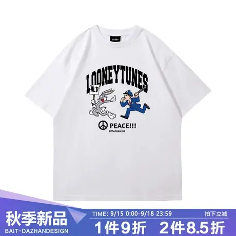 兔八哥印花白色欧美情侣t恤夏季小众中长款大码上衣短袖男体恤潮商品大图