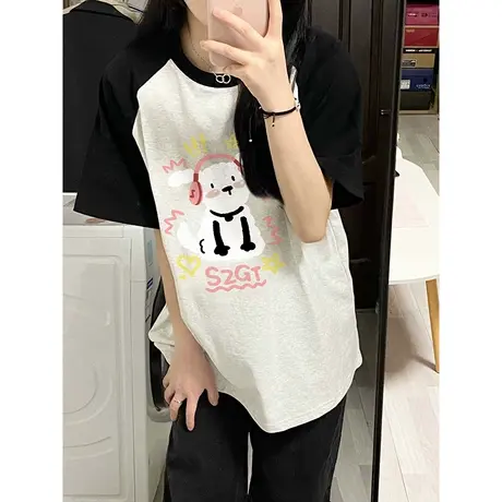 纯棉撞色插肩短袖t恤女夏季小个子美式复古港风chic宽松半袖上衣图片