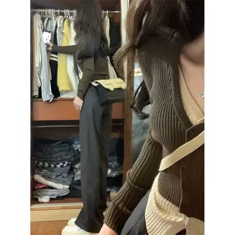 v领假两件毛衣针织衫女春秋修身内搭设计感甜辣妹短款打底衫上衣商品大图