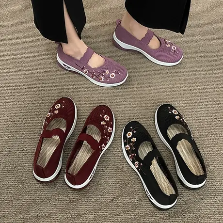 春夏季新款浅口妈妈鞋软底防滑一脚蹬飞织透气女鞋夏季老北京布鞋商品大图