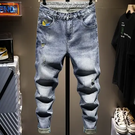 夏天薄款浅色破洞牛仔裤男修身小脚男士九分裤子男百搭男装青少年商品大图