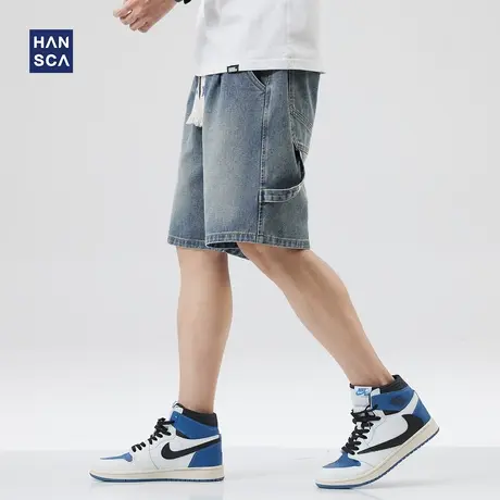 hansca宽松大码牛仔短裤男青少年夏季休闲复古潮流百搭直筒五分裤商品大图