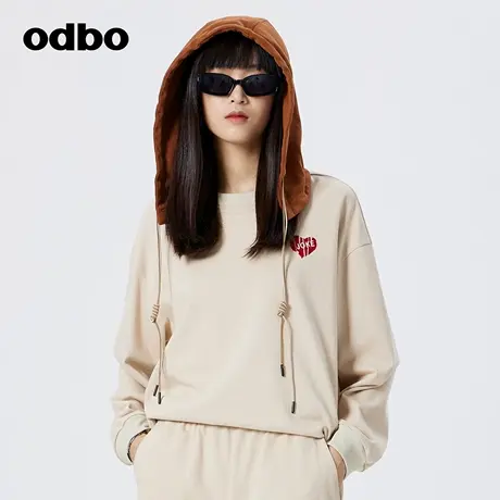 odbo/欧迪比欧时尚抽绳可拆卸连帽卫衣女春季新款百搭刺绣上衣商品大图
