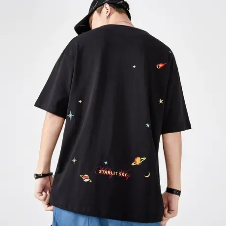 重磅纯棉刺绣男士短袖t恤宽松潮牌国潮半袖五分加肥加大码白体恤商品大图