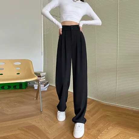 黑色西装裤女春季高腰垂感阔腿裤显瘦休闲窄版直筒裤小个子拖地裤图片