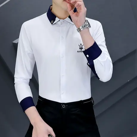 长袖衬衫男士春秋季潮流韩版修身型男装薄款帅气刺绣秋款洋气衬衣商品大图