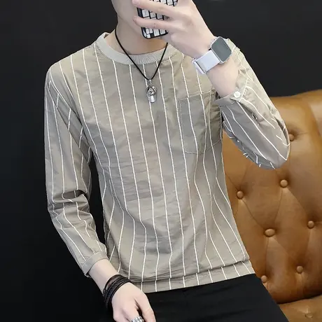 男士长袖t恤春秋季潮流宽松薄款圆领条纹打底衫潮牌ins内搭上衣服商品大图