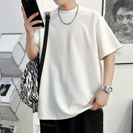 圆领t恤男美式复古麂皮绒半袖体恤男生夏季薄款休闲短袖上衣服男商品大图