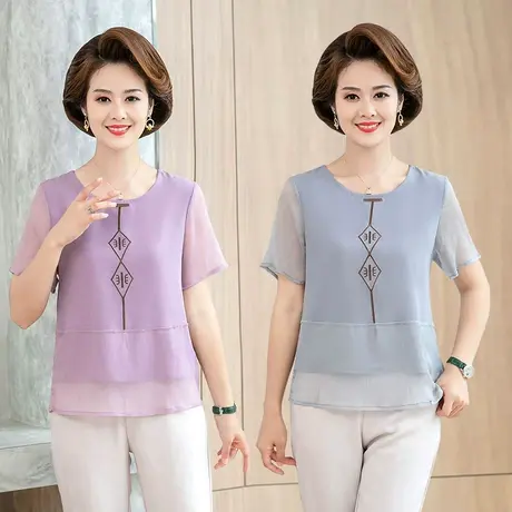 妈妈夏装短袖套装中年女薄款雪纺衫短袖上衣中老年人洋气2021新款商品大图