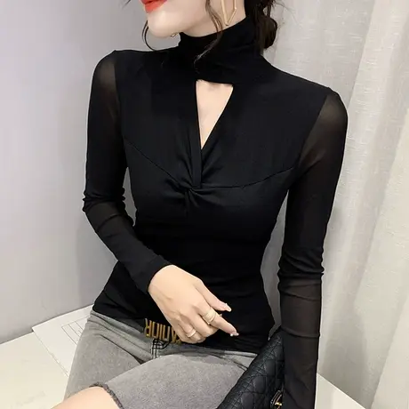 高领打底衫女春秋2023新款性感镂空网纱长袖T恤修身紧身内搭上衣图片