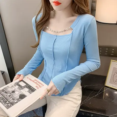 性感纯欲T恤打底衫女春秋2020年新款设计感小众链条收腰上衣欧货图片