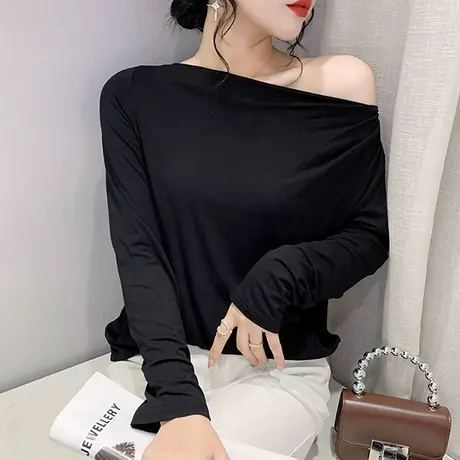 性感露肩一字领上衣女设计感小众别致洋气长袖T恤简约百搭打底衫图片