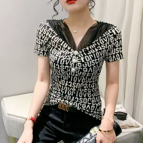 性感V领网纱上衣女短袖欧货洋气设计感字母印花T恤紧身显瘦小衫夏图片
