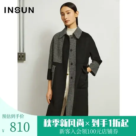 恩裳冬季经典千鸟格纹大衣绵羊毛撞色中长款通勤毛呢外套女图片