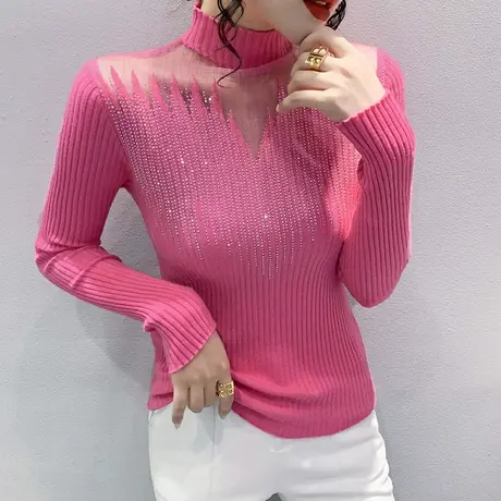 半高领针织打底衫女士春秋2023新款性感网纱拼接毛衣烫钻洋气上衣图片