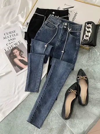 薄绒牛仔裤女2022秋季新款两粒扣链条搭配小脚裤百搭高腰铅笔裤潮商品大图