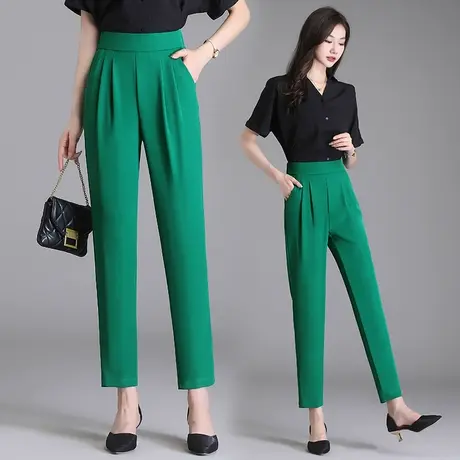 醋酸冰丝裤女夏季薄款九分2023年绿色百搭哈伦裤高腰显瘦小脚裤子图片