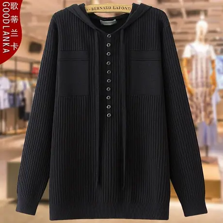 加肥加大码中年妈妈秋装打底针织衫宽松洋气连帽套头长袖毛衣外套商品大图