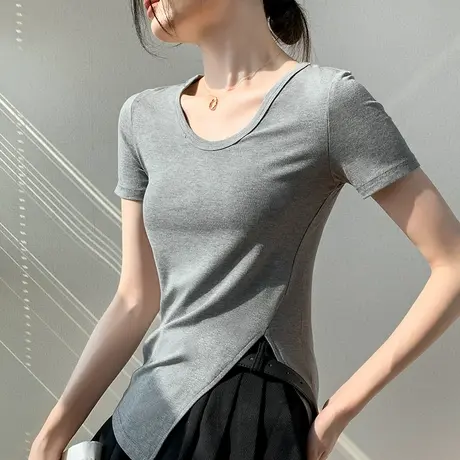 下摆开叉短袖t恤女2023夏季韩版修身圆领正肩上衣内搭纯棉打底衫商品大图