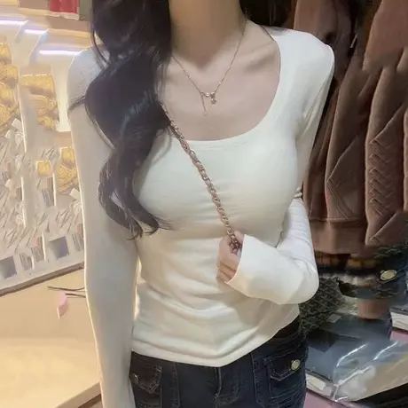 辣妹短款纯棉T恤长袖女秋季百搭洋气减龄修身小衫纯欲性感上衣潮商品大图