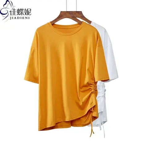 夏季新款韩版纯棉宽松休闲抽绳圆领短袖体恤上衣大码女装T恤图片