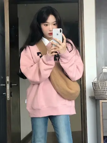 艺术生奶甜卫衣女圆领宽松oversize小众高街潮牌春秋薄款落肩上衣商品大图