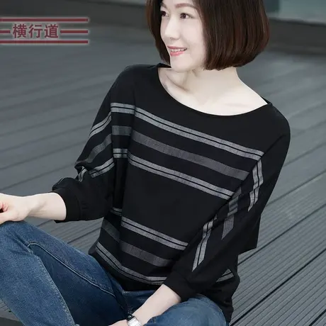 2023秋装圆领条纹中年妈妈中袖宽松上衣胖MMt恤女士打底衫七分袖商品大图
