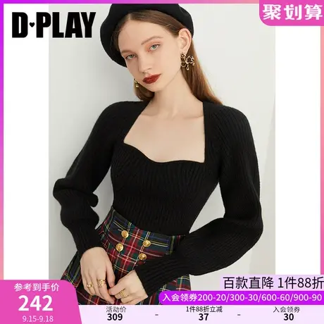 DPLAY冬新款法式美背宫廷领经典黑色灯笼袖型针织套头毛衣商品大图