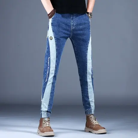 2023新款拼接刺绣牛仔裤男款修身小脚系绳夏季轻奢潮牌弹力裤子男商品大图