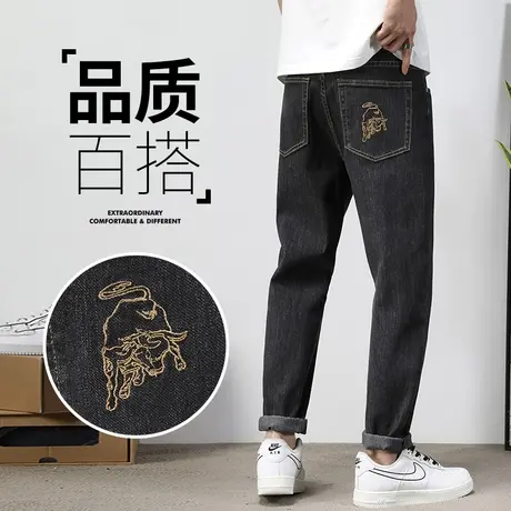 高端黑色刺绣牛仔裤男士直筒宽松休闲男裤子夏季薄款夏天2023新款商品大图