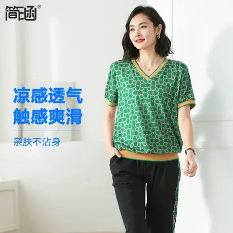 【凉感快干】大码女装夏装简涵高端轻奢妈妈加肥夏季休闲显瘦套装图片