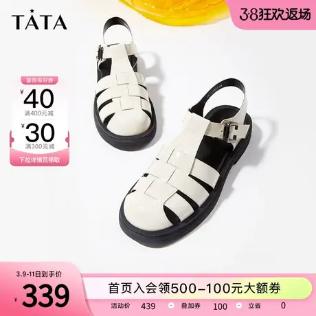 Tata他她包头粗跟编织罗马凉鞋女夏季复古猪笼鞋新款百搭YNL01BL2图片