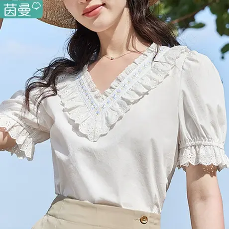 茵曼官方旗舰店正肩短袖衬衫女夏季设计感小众新款时尚小衫2023年图片