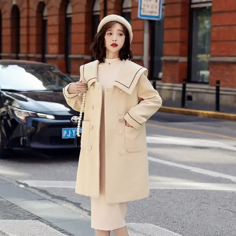 2021年秋冬新款娃娃领毛呢外套女中长款高端大牌小个子呢子大衣商品大图