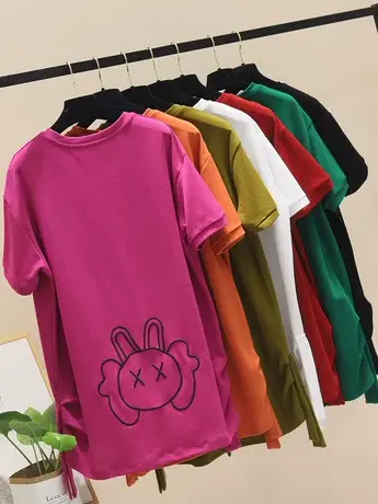 卡通刺绣短袖t恤女士中长款夏季2023新款时尚宽松字母休闲上衣潮商品大图