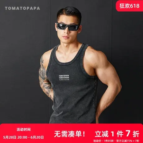 TOMATOPAPA复古背心男2025夏季水洗做旧运动美式无袖休闲基础训练商品大图