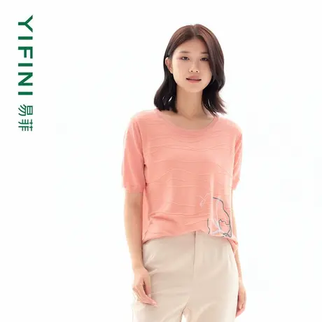 Yifini/易菲凉感苎麻宽松光丝绣花短款针织衫女夏装新款毛衫商品大图