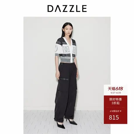 DAZZLE地素奥莱 毛针织衫秋女装复古字母提花撞色开衫上衣商品大图