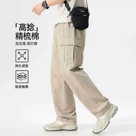 hansca美式多口袋纯棉工装裤男直筒2025夏季薄款卡其色户外休闲裤商品大图