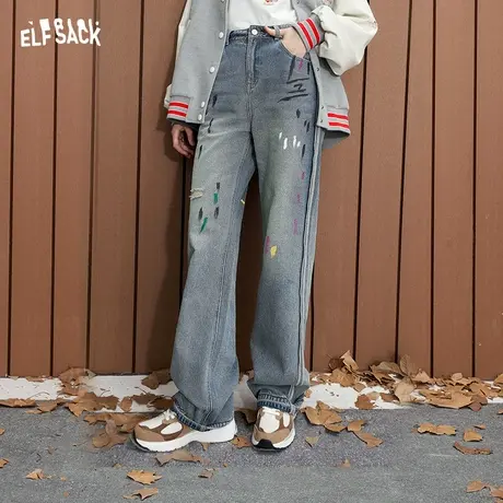 妖精的口袋宽松直筒牛仔裤女2023秋季新款高腰显瘦设计感阔腿长裤图片