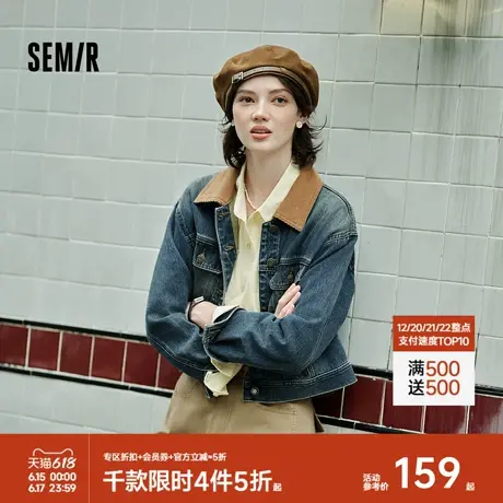 森柔牛仔|森马牛仔外套女短款翻领做旧衣服秋复古夹克小个子街头图片