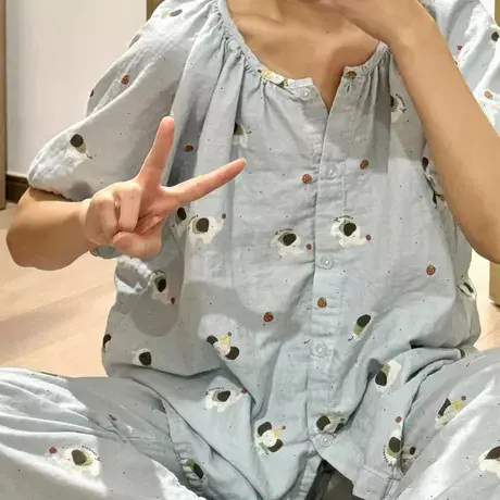A类100%纯棉全棉双层纱布睡衣女2025夏季爆款短袖长裤家居服套装商品大图