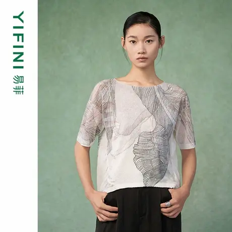 [专柜同款]Yifini/易菲高级感立体印花气质宽松短款针织衫女上衣商品大图