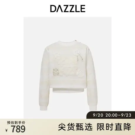 DAZZLE地素奥莱白色童趣减龄羊毛混纺立体装饰圆领套头毛衣女图片
