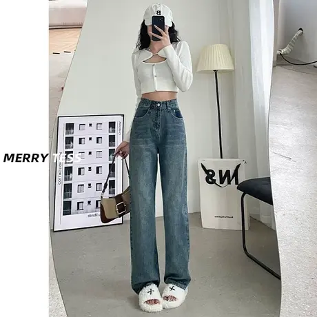 复古蓝窄版阔腿牛仔裤女夏季2023年秋季新款设计感水洗韩版直筒裤图片