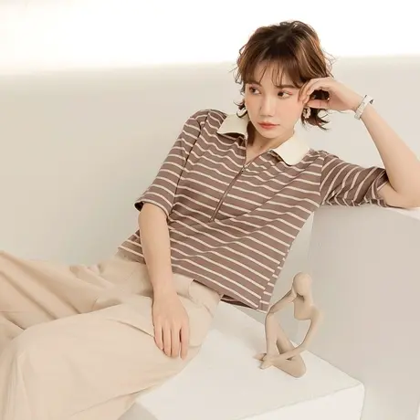桔熊秋季通勤气质polo领条纹t恤宽松短款上衣女胖妹妹大码AB17479图片